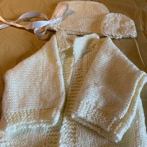 Cream color handmade crocheted jacket, and two hats, one hat is for a preemie